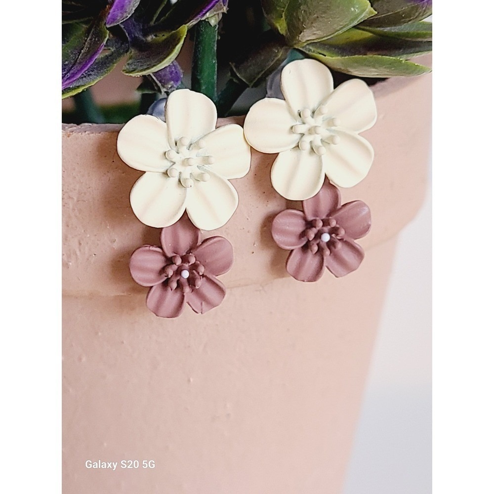 Matte Enamel Double Flower Drop Earrings Cream and Dusty Rose Pink Floral Dangle